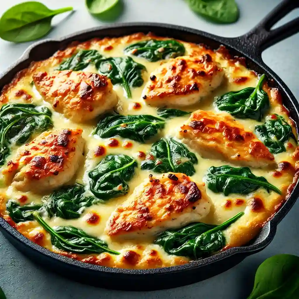 A creamy and cheesy chicken and spinach casserole with golden-browned chicken, fresh spinach, and a bubbly, crispy top.